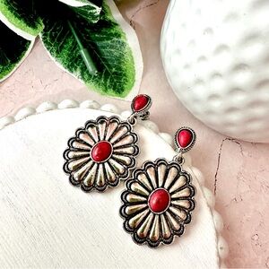 Natural Red Stone Silver Oval Dangle Earrings Southwestern Concho Western NEW